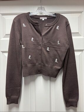 Cowboy Boots Brown Embroidered Cropped Cardigan Cowgirl farm Sadies